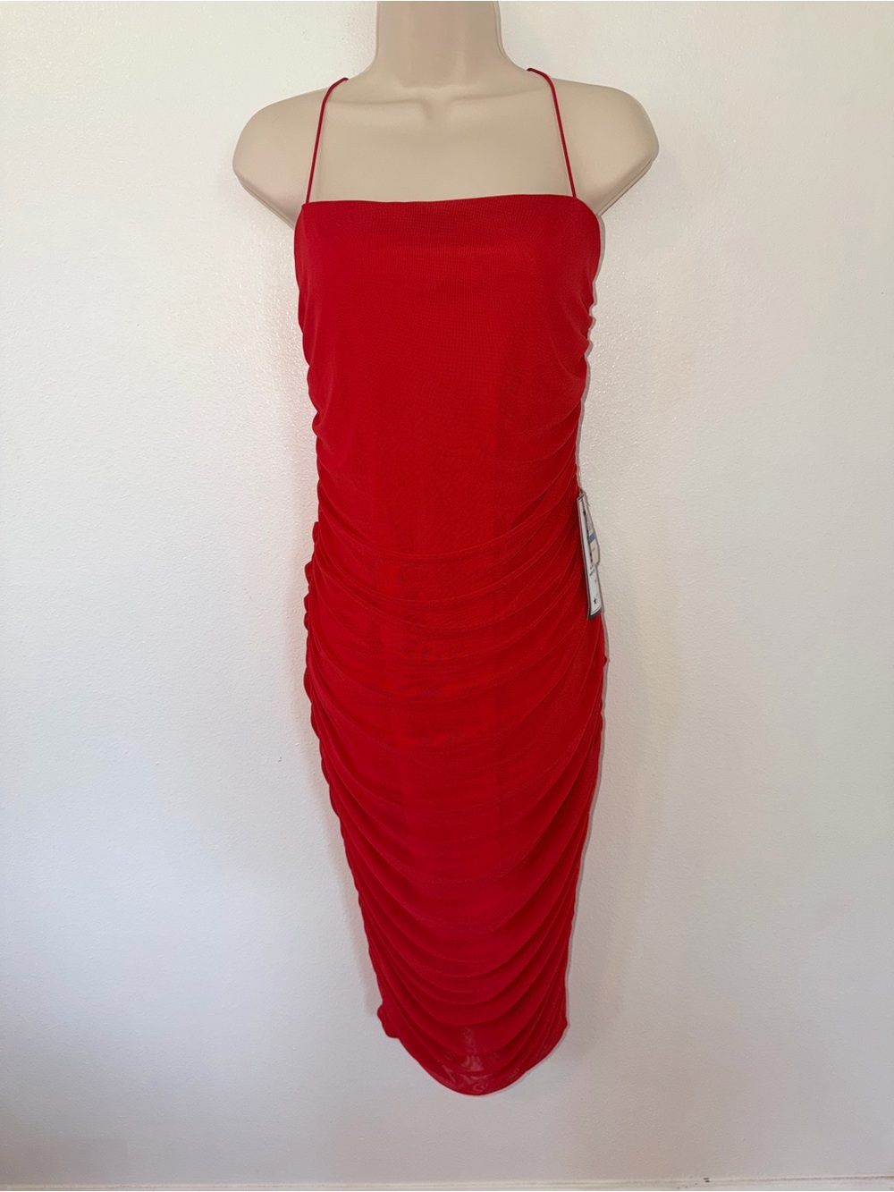 B Darlin Red Ruched Spaghetti-Strap Midi Dress